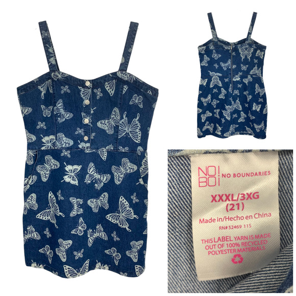 Vintage Y2K NoBo No Boundaries Denim Butterfly Mini Halter Dress Pockets - Picture 1 of 7